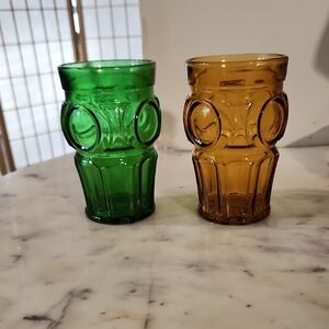 Vintage | Wheaton Bullseye  Green and Amber Glass Tumblers RARE